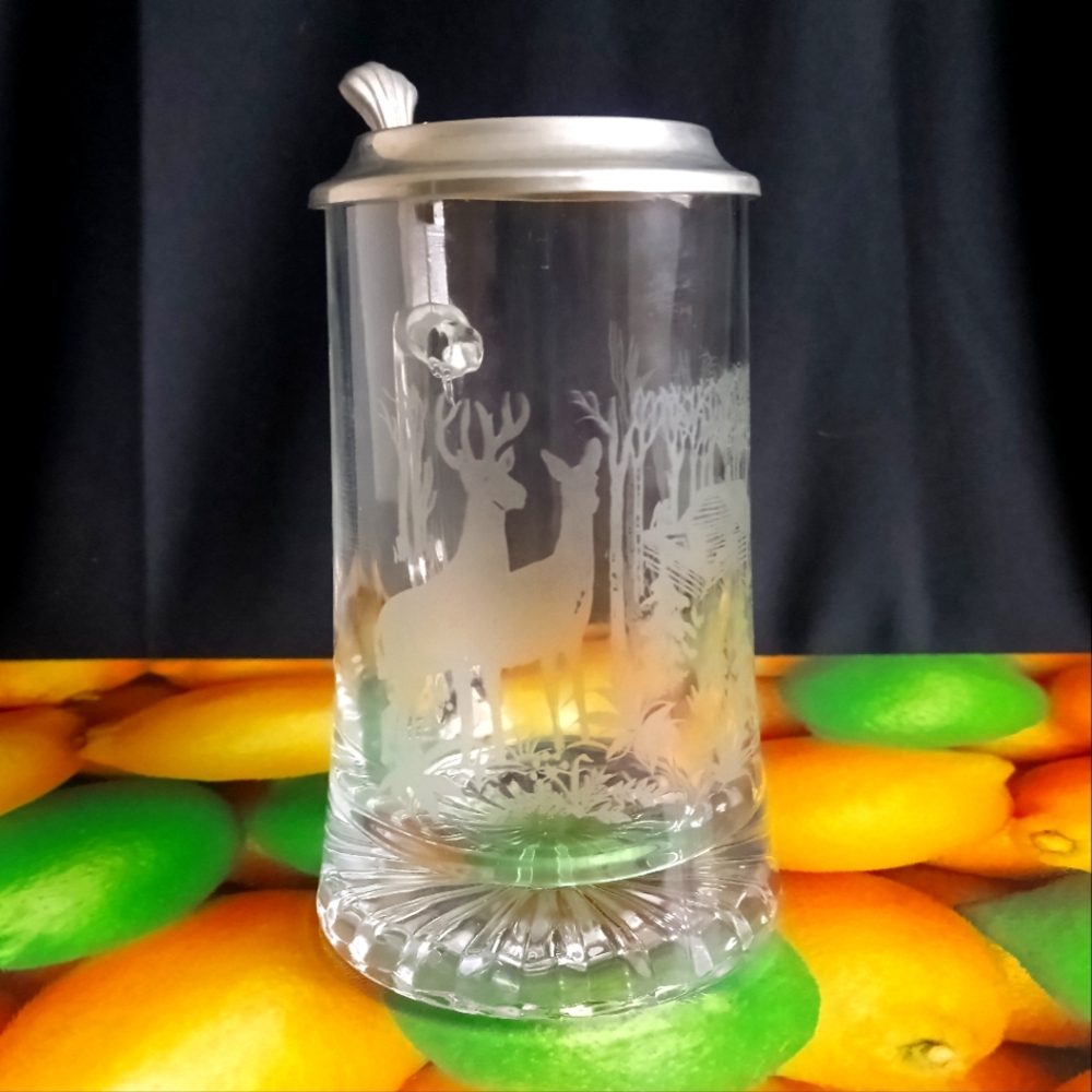 Froty Print Glass Beer Stein with Silver Lid Made In Italy